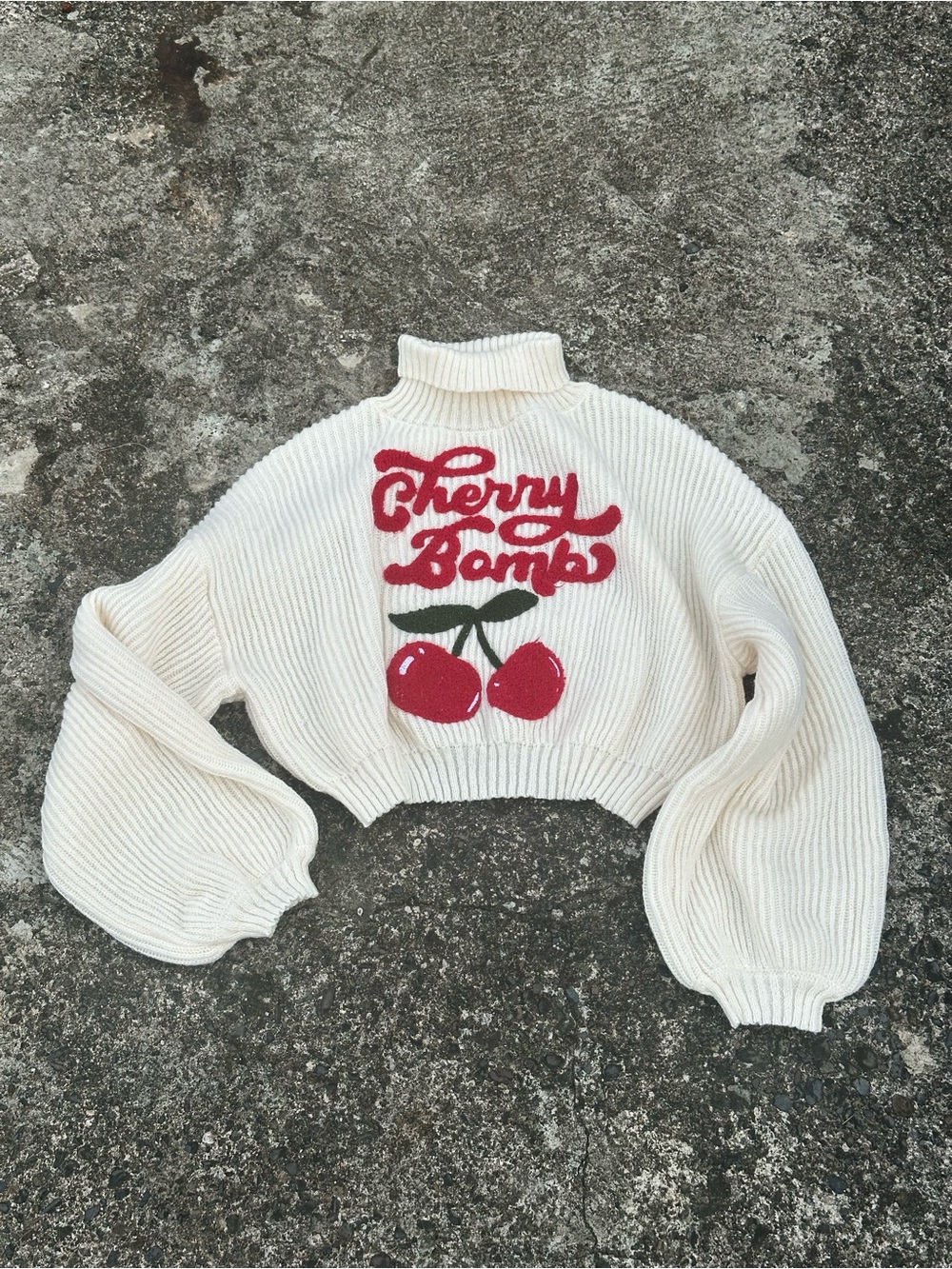 SHEIN Cream Cropped Turtleneck Sweater with Red Cherry Graphic